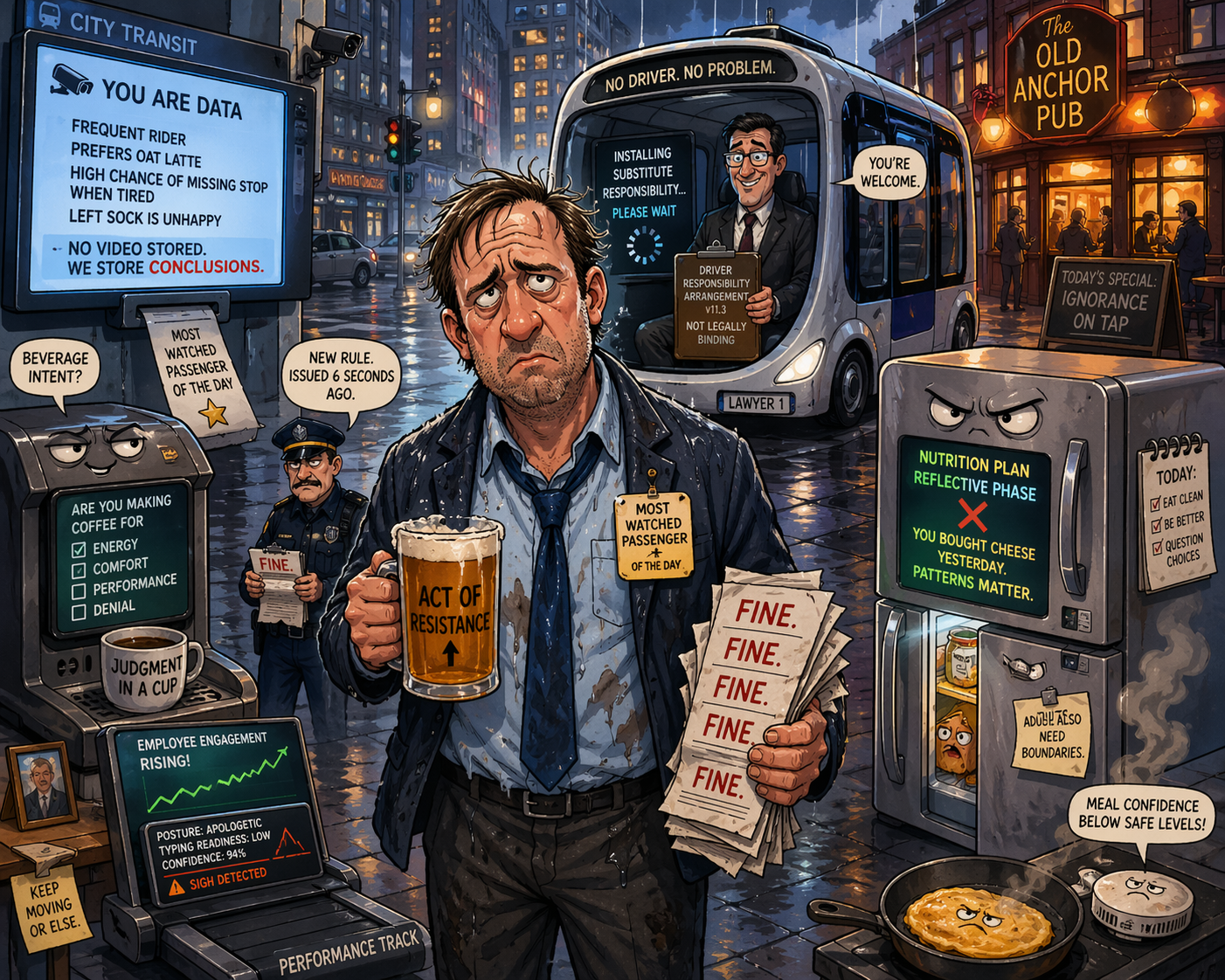 Illustrated parody scene with a tired commuter, driverless shuttle, surveillance signs, smart appliances and a pub.